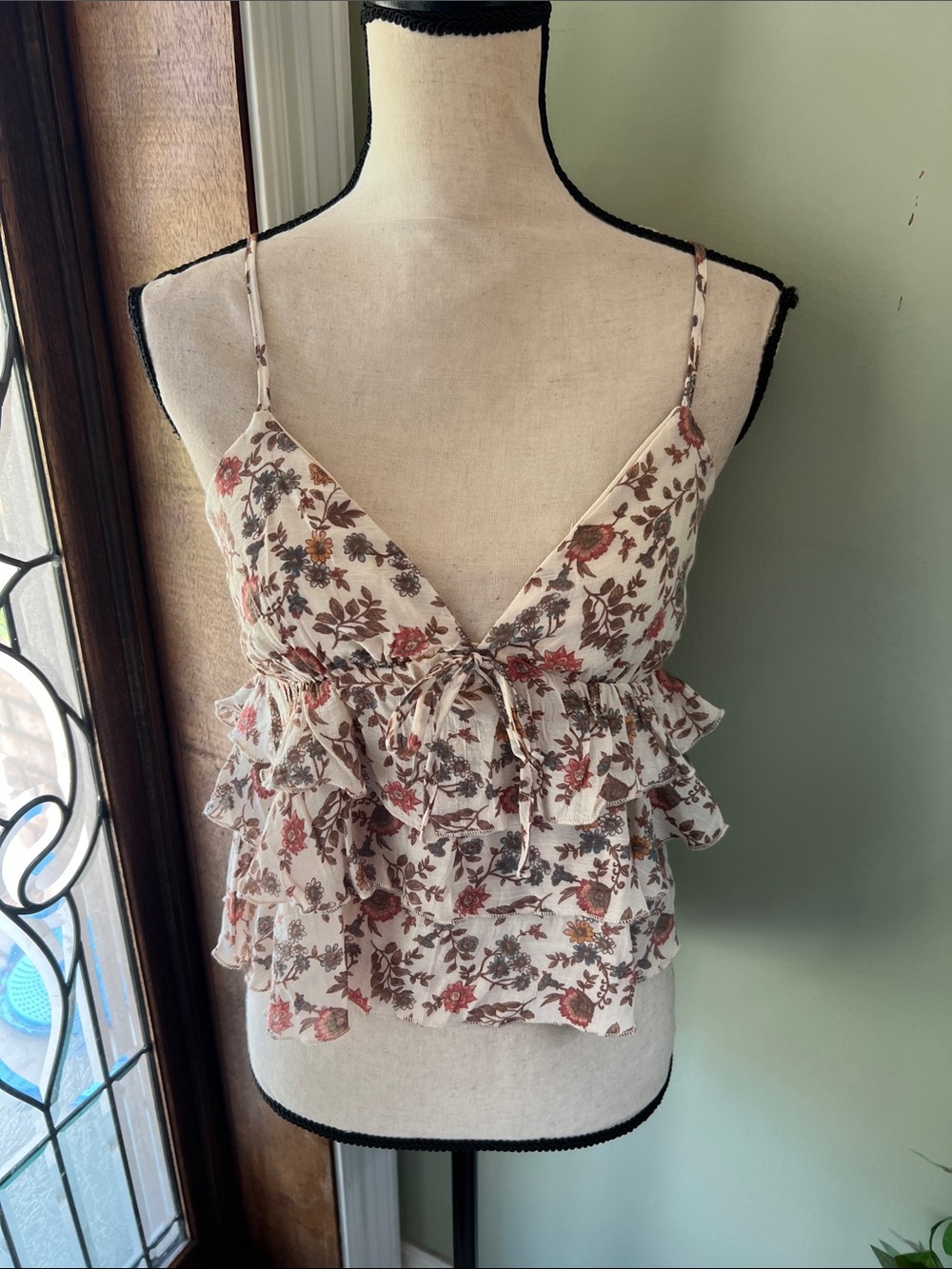 Floral Ruffle Tie-Front Camisole - Cream with Rust & Olive Floral
